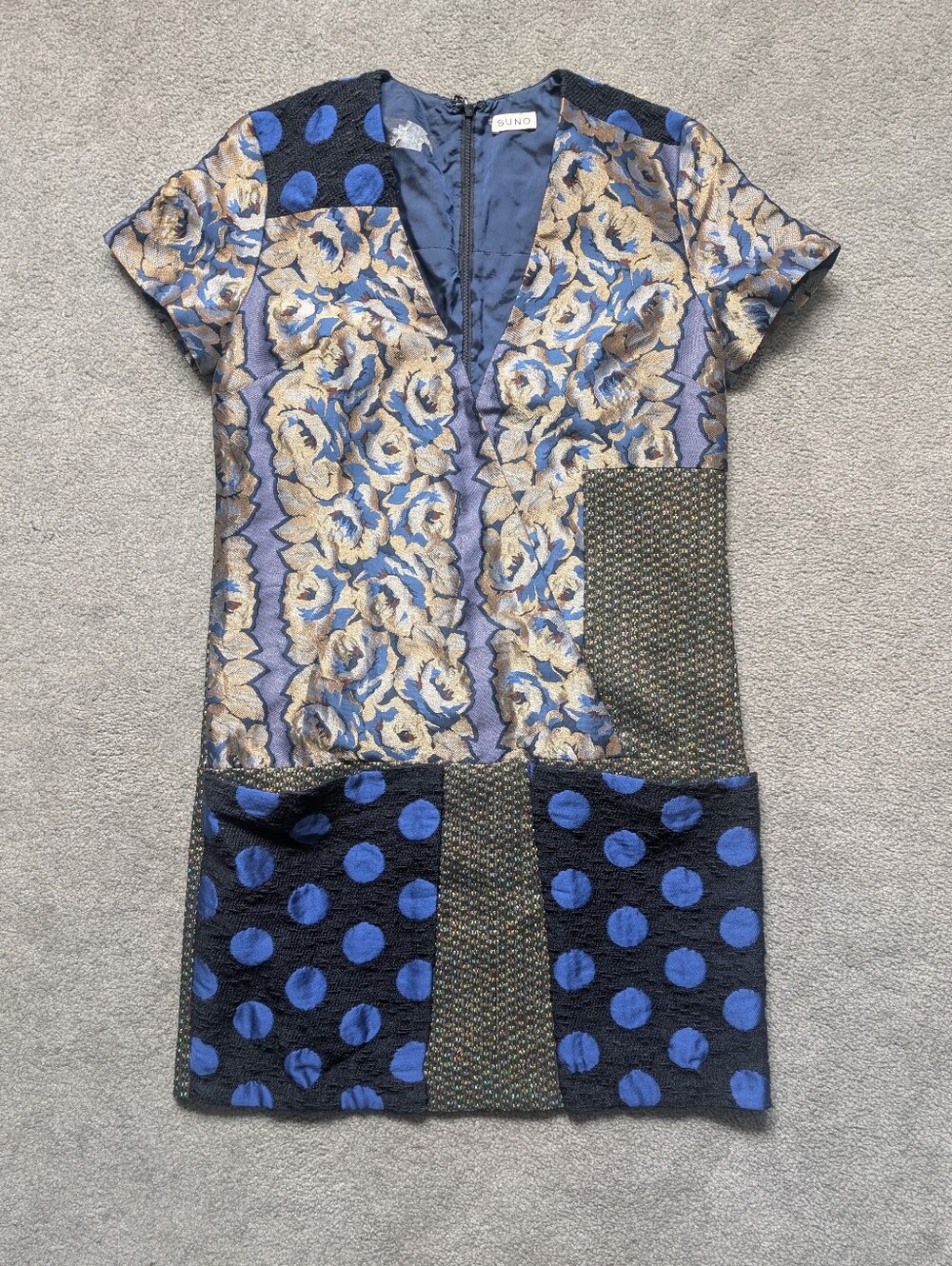 SUNO Blk Polka Dot Patchwork Jacquard V-Front Sustainable Designer Sz 4 $500